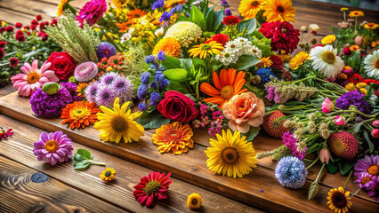 Colorful scattered flowers in varied hues and shapes sprawl across a wooden table, forming a stunning visual tapestry of natural elegance and effortless beauty.
