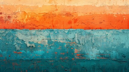 Obraz premium A deteriorating wall exhibits three distinct layers of color: blue-green at the bottom, orange in the middle, and light blue on top. The peeling paint shows a textural quality from prolonged exposure.