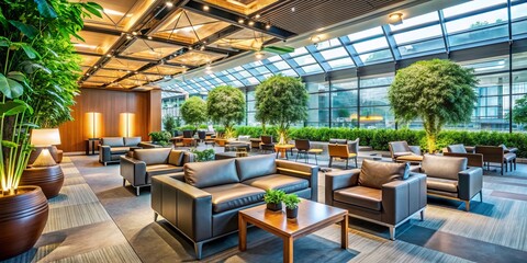 Fototapeta premium Elegant airport lounge with modern furnishings, lush greenery, and sleek architecture, offering lavish amenities and refined ambiance for premium travelers.
