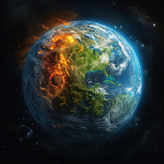 Earth with one side engulfed in flames and the other lush with greenery, set against a dark space background, illustrating environmental contrast