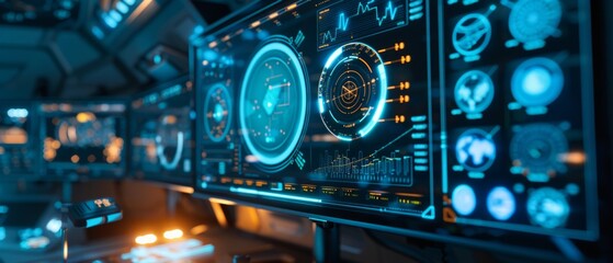 Fototapeta premium Multiple blue-toned computer monitors display intricate data and graphs in a dark room, resembling a high-tech cockpit setup, with a chair in the foreground.