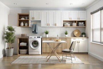 Modern laundry room interior features sleek washing machine, matching dryer, and stylish furniture, including a folding table and cabinets, against a white background.