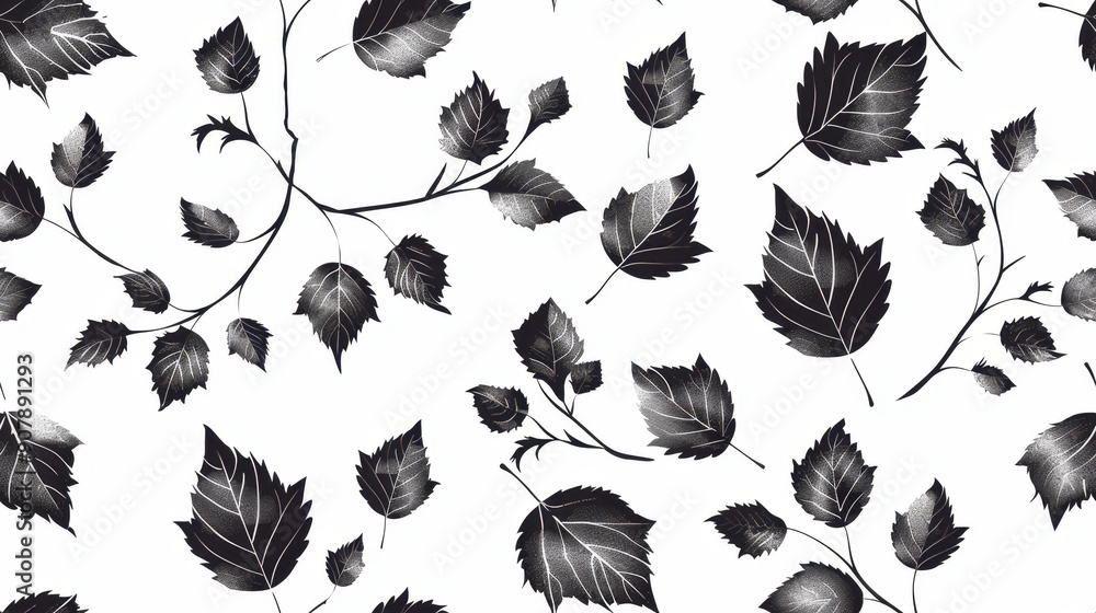 Poster ornate black and white leaves pattern on a white background, creating a classic and elegant design. 