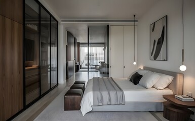 Elegant Modern Bedroom with Glass Door Wardrobe and Sparse Decor