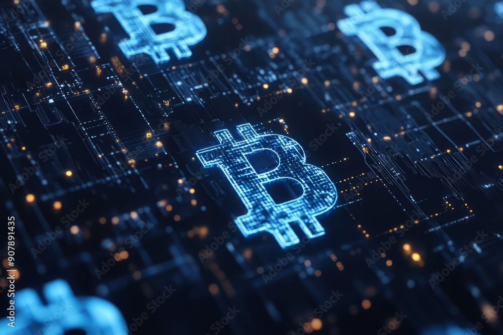 Poster digital representation of bitcoin symbols on a futuristic background, showcasing cryptocurrency and 