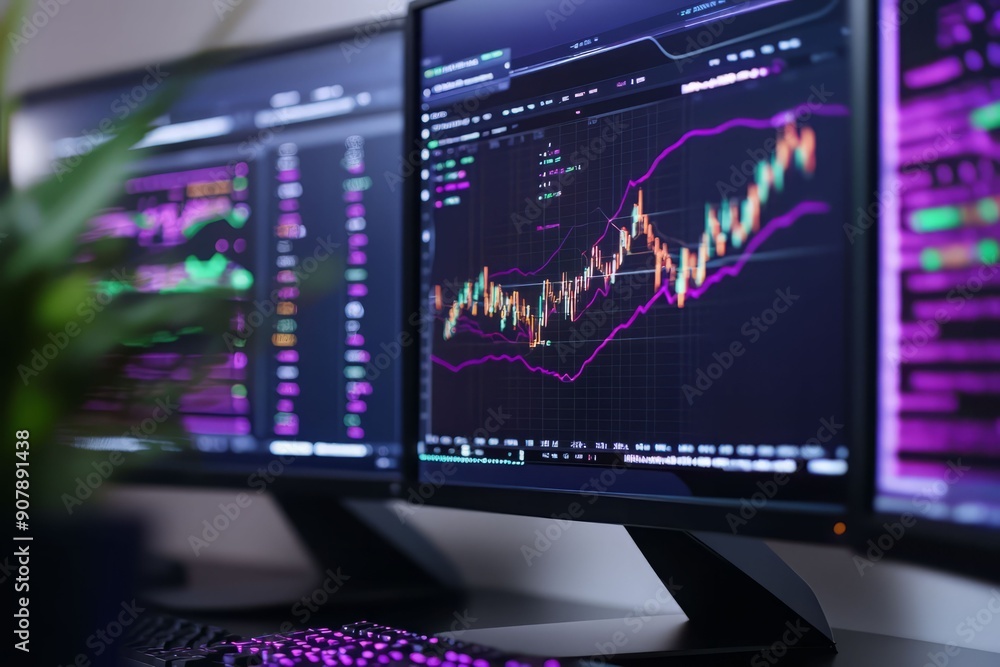 Poster digital monitors displaying complex financial graphs with vibrant colors, ideal for tech and finance