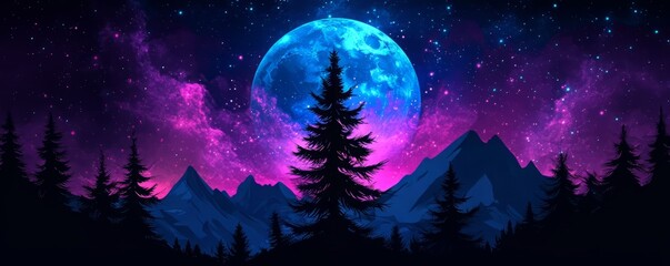 Naklejka premium Majestic night scene featuring a vibrant moon, colorful sky, and silhouetted trees against stunning mountains.