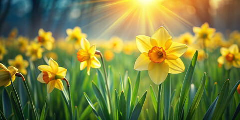 Fototapeta premium Vibrant yellow daffodil blooms sway gently in a lush green field, basking in warm sunlight, surrounded by soft, blurred foliage, exuding serenity and new life.