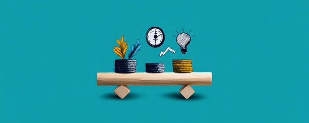A creative workspace featuring plants, a clock, and a light bulb on a wooden shelf, symbolizing productivity and inspiration.