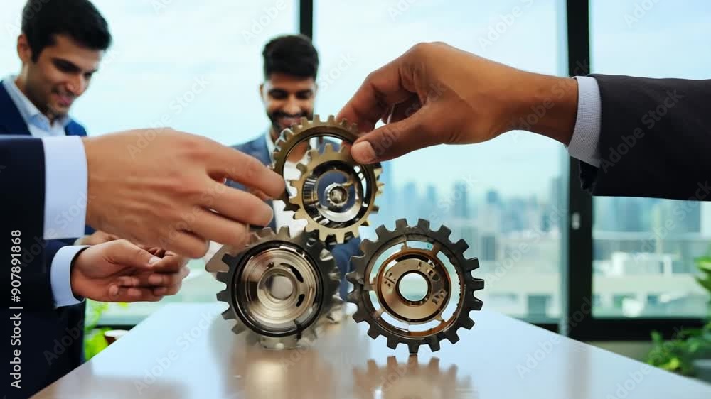Poster business team collaborates to assemble gears in office setting generative ai