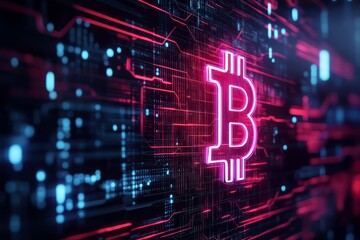 Fototapeta premium A vibrant digital representation of Bitcoin, showcasing neon colors and futuristic design elements for cryptocurrency themes.