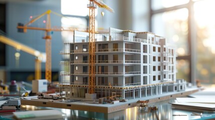 Generate a photo realistic image of a construction project updating cost estimations with detailed financial charts and budgeting documents; ensure the image is of high resolution for clear
