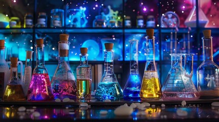 Colorful Chemicals in Flasks with Glowing Lights.