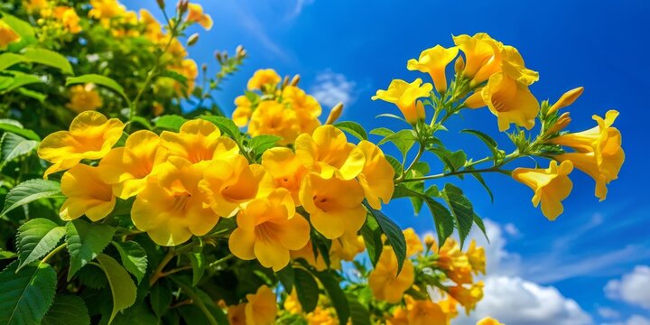 Vibrant yellow bells of tecoma trumpet bush flowers bloom amidst lush green leaves against a bright blue sky, perfect for decorative frames and floral designs.