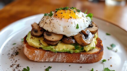 Truffle mushrooms on a piece of toasted sourdough with avocado and poached egg.