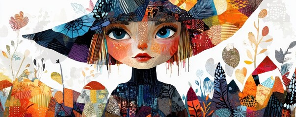 Colorful artistic illustration of a girl with a whimsical hat, surrounded by abstract foliage and patterns. Vibrant and imaginative design.