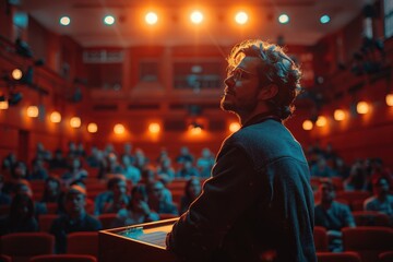 Fototapeta premium Speaker giving a presentation in a well-lit auditorium with an attentive audience in the background.