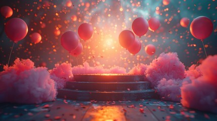 Surreal scene with balloons, steps, and clouds under vibrant lighting. Whimsical, dreamy atmosphere perfect for fantasy or celebration themes.