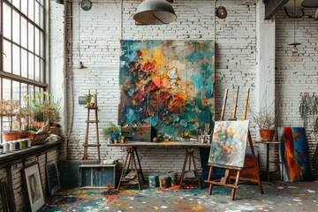 Cozy artist studio with vibrant paintings and plants. Rustic decor with art supplies scattered. Creative, artistic atmosphere