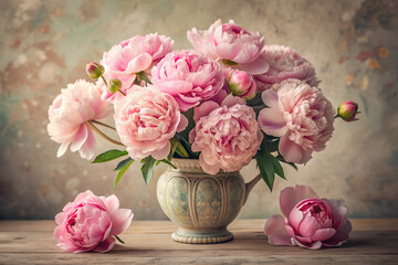 Obraz premium Delicate pink peonies bloom in a vintage vase, set against a soft neutral background, showcasing the intricate details of the flowers and the elegant curves of the vessel.
