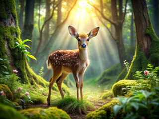 Fototapeta premium A gentle curious fawn ventures into the mystical forest, surrounded by lush greenery, twinkling sunlight, and ancient trees, filled with wonder and innocence.