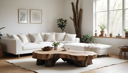 Fototapeta premium Scandinavian interior design of a modern living room with a live-edge coffee table made from a tree stump near a white fabric sofa