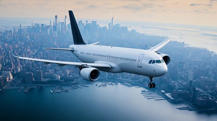Naklejka premium aerial view of an airplane flying over a sprawling cityscape, ample copy space, more clarity with clear light and sharp focus, high detailed