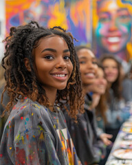 Obraz premium Group of young women with a focus on one smiling, in an art class. Colorful artwork in the background. Concept of creativity and art
