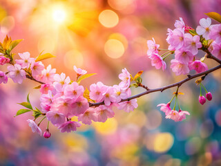 Delicate pink blossoms adorn a curved tree branch, set against a vibrant, colorful bokeh background, offering ample copy space for text, evoking springtime serenity.