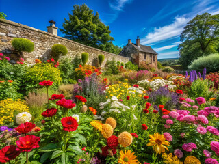 Naklejka premium Vibrant blooming annual flowers of various colors and shapes fill a lush green garden bed, surrounded by rustic stone walls and a sunny blue sky.