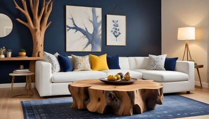 Scandinavian interior design of a modern living room with a live-edge coffee table made from a tree stump near a white fabric sofa