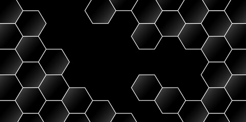 Luxury hexagonal abstract black background with white lines. Creative and decorative modern technological hexagon pattern background.