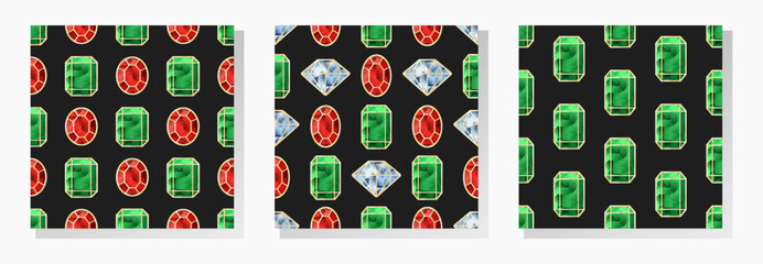 Gemstones seamless patterns collection. Stylized faceted red, blue and green crystals in gold frames on black background.