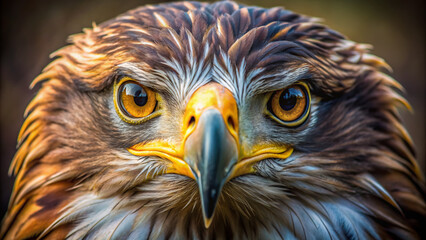 A macro portrait of amazing eagle, capturing the intricate patterns of its feathers and the striking details of its eyes and beak.