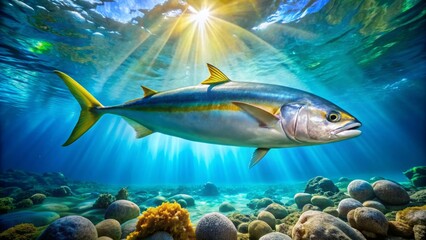 A vibrant yellowtail kingfish swims majestically through the crystal-clear blue ocean, its iridescent scales shimmering in the sunlight, surrounded by coral reef and seaweed.