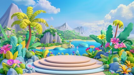 Colorful fantasy tropical landscape with mountains, vibrant plants, and a serene blue lake under a clear sky.