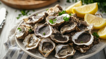 Fototapeta premium Truffle mushrooms shaved over a plate of fresh oysters, with lemon wedges on the side.