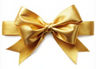 A luxurious golden ribbon elegantly tied in a perfect bow, sitting isolated on a clean white background, evoking feelings of sophistication and celebration.