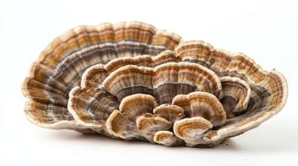 Turkey tail mushrooms displayed in a spiral pattern, emphasizing their natural beauty on a white background.