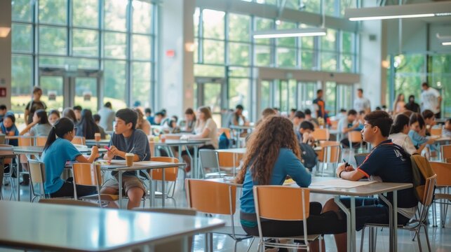 Students eating lunch in a cafeteria.