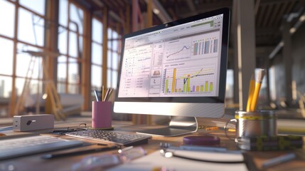 Generate a photo realistic image of a construction project displaying a budget tracking dashboard with real-time cost monitoring and financial analysis tools; ensure the image is of high resolution 