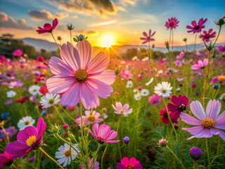 Fototapeta premium Vibrant cosmos flowers sway gently in a serene spring meadow, surrounded by a kaleidoscope of colorful wildflowers, bathed in warm, soft-focused sunlight at sunset.