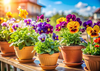 Vibrant mixed spring flowers, including delicate Viola Cornuta and pansies, bloom in decorative pots on a sunny balcony, creating a colorful and inviting atmosphere.