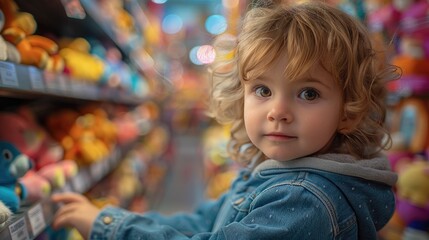 Fototapeta premium Adorable child in a toy store, exploring colorful shelves filled with plush toys. Bright, engaging environment with vibrant colors.