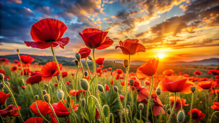 Obraz premium Vibrant red poppy flowers sway gently in the breeze as warm golden light of sunset casts a serene ambiance over the picturesque landscape.