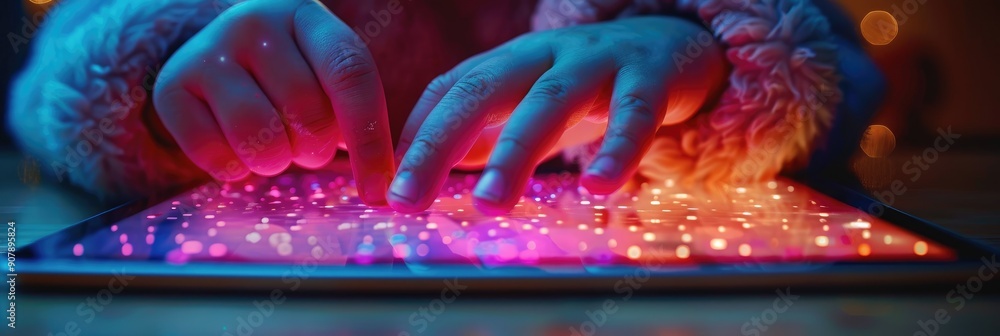 Poster close-up of hands interacting with a glowing tablet screen, creating a magical effect with bright, c