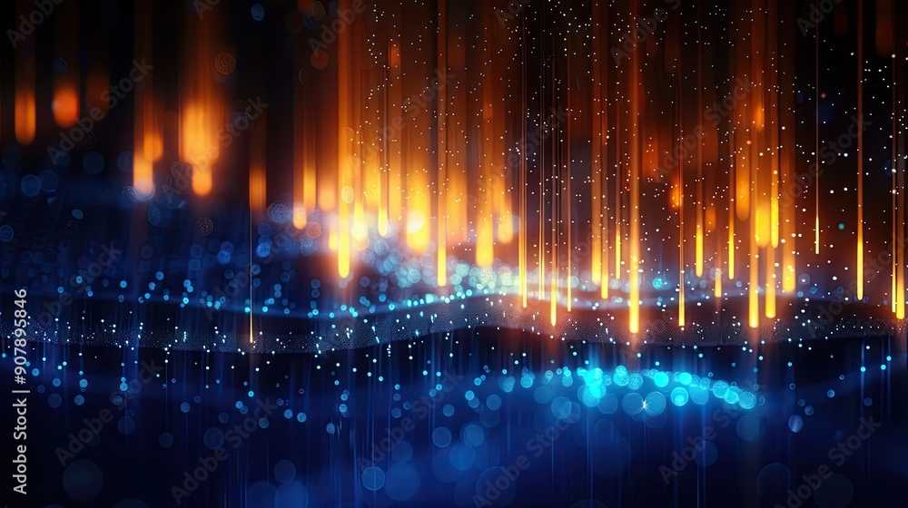 Poster Dynamic Visualization of Light Points Creating a Horizontal Column Against a Dark Background in Modern Data Presentation