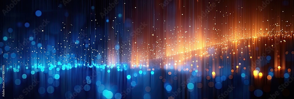 Poster Dynamic Light Visualization With Horizontal Columns of Points Against Dark Background During Late Evening Hours