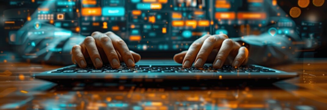 Close-up of hands typing on a keyboard with a futuristic background, representing technology, programming, and innovation in a digital space.