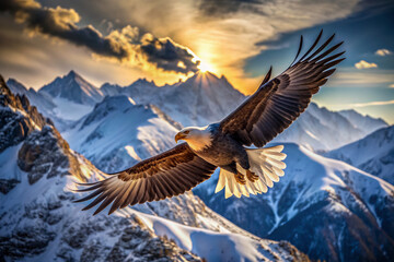 Fototapeta premium Majestic eagle spreads wings, soaring above snow-dusted mountain peaks, scanning the rugged landscape below with piercing gaze, symbolizing freedom and power.